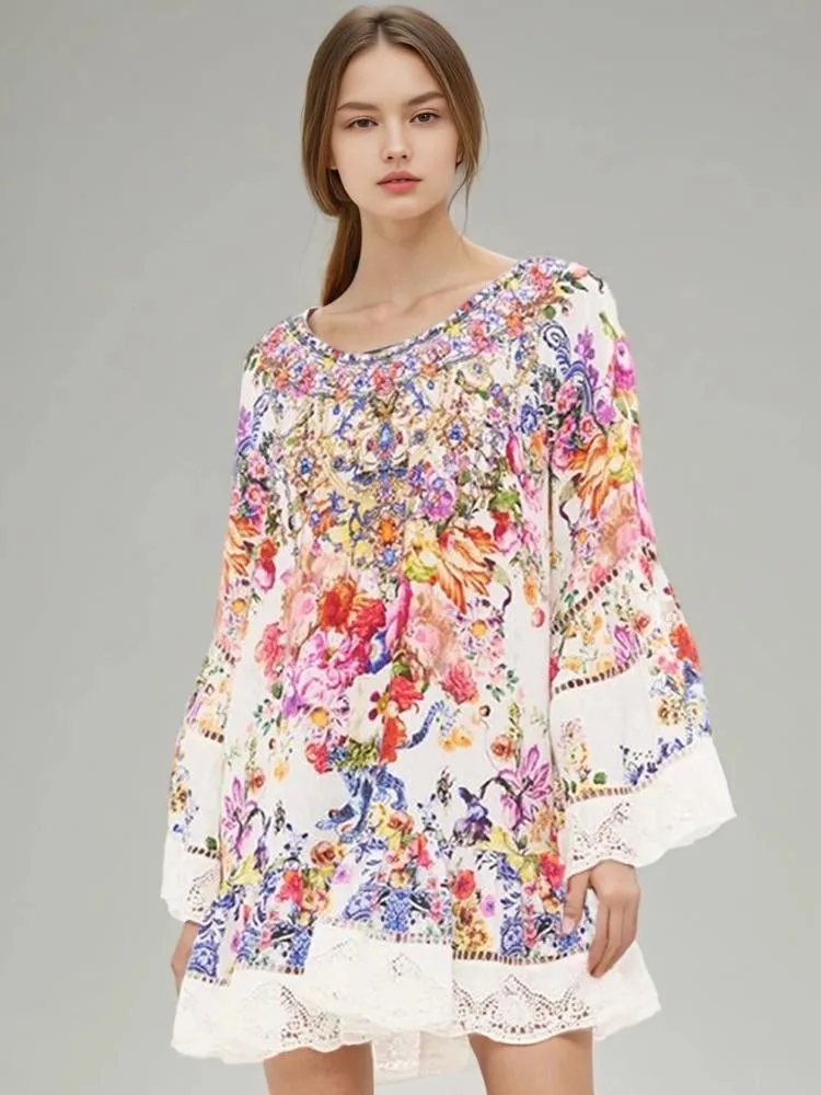 Long Sleeve Lace Trimmed Printed Mini Dress