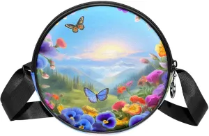 Long Strap Crossbody Bag, Round, Shoulder Bag for Women, sunrise pattern flower and butterflies