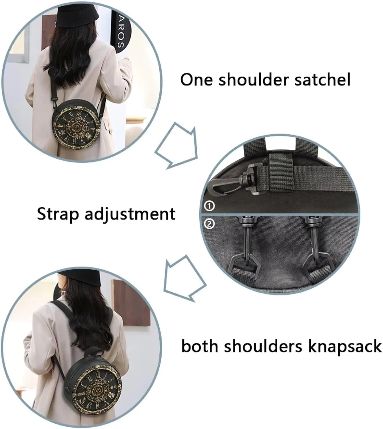 Lotusorchid Clock Print Round Crossbody Purse for Women Circle Bag Small Round Shoulder Purse (Not Real Clock)