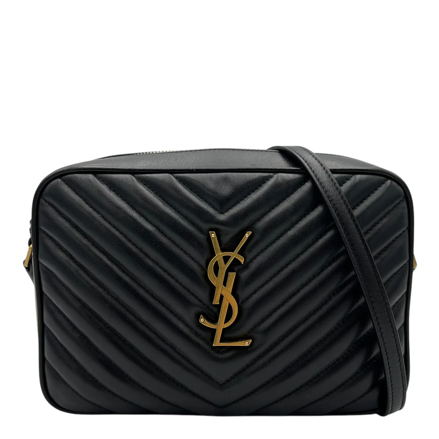 Lou Camera Black Crossbody Bag in Calfskin, Gold hardware