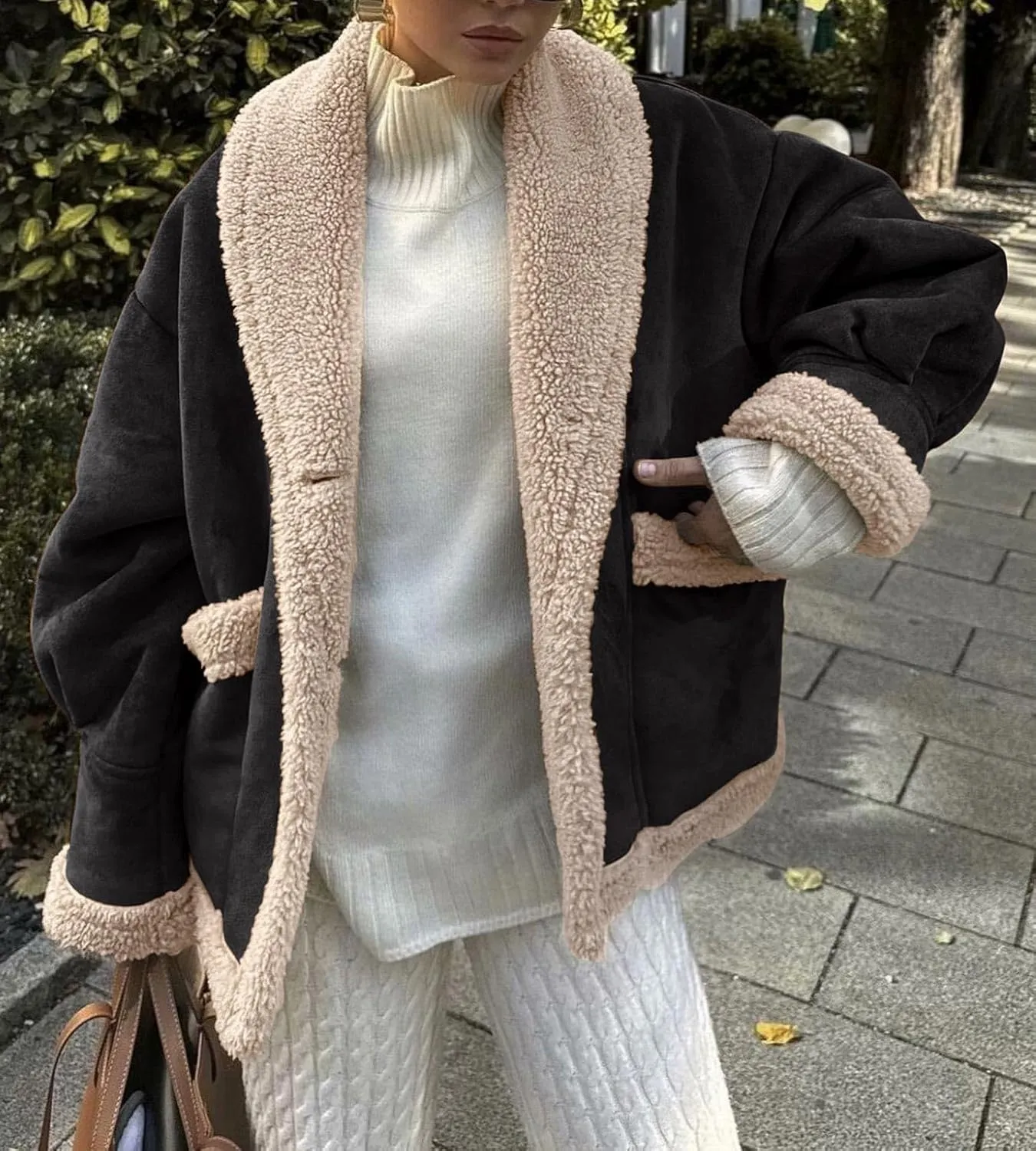 loveimgs Women Oversized Sherpa Lined Leather Jacket Faux Suede Fleece Shearling Coat Winter Biker Aviator Jacket Overcoat