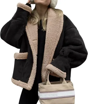 loveimgs Women Oversized Sherpa Lined Leather Jacket Faux Suede Fleece Shearling Coat Winter Biker Aviator Jacket Overcoat