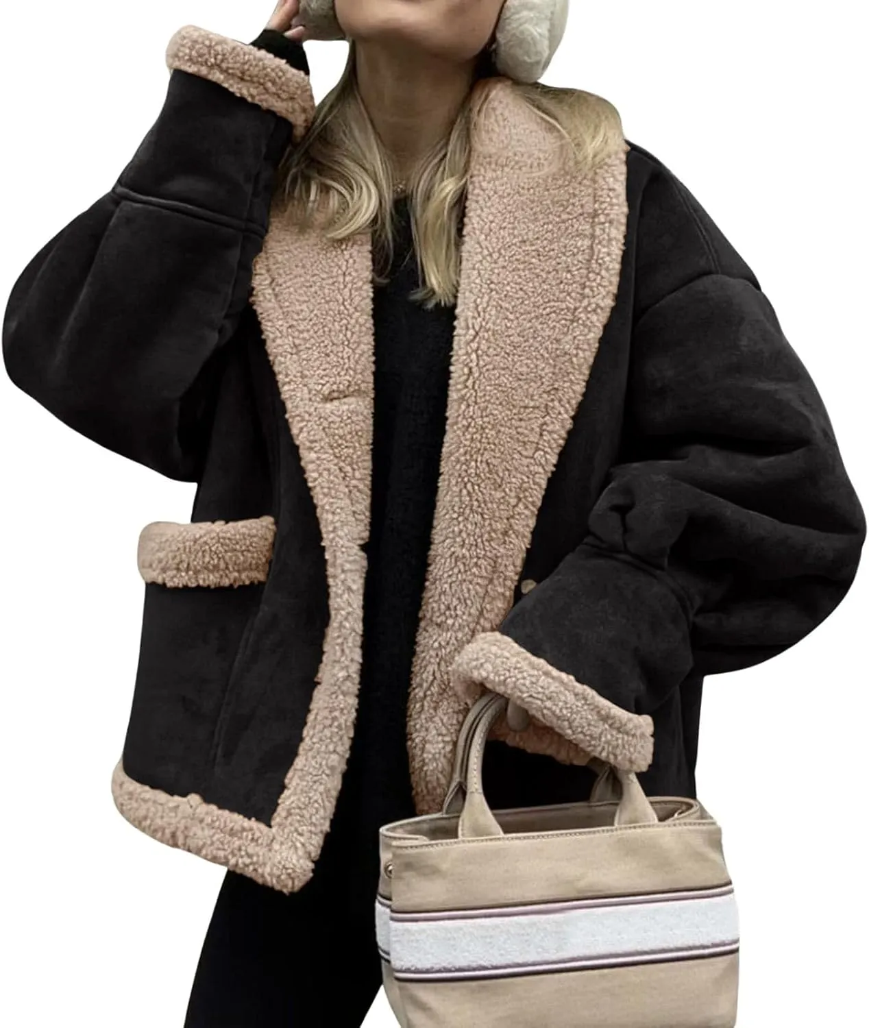 loveimgs Women Oversized Sherpa Lined Leather Jacket Faux Suede Fleece Shearling Coat Winter Biker Aviator Jacket Overcoat