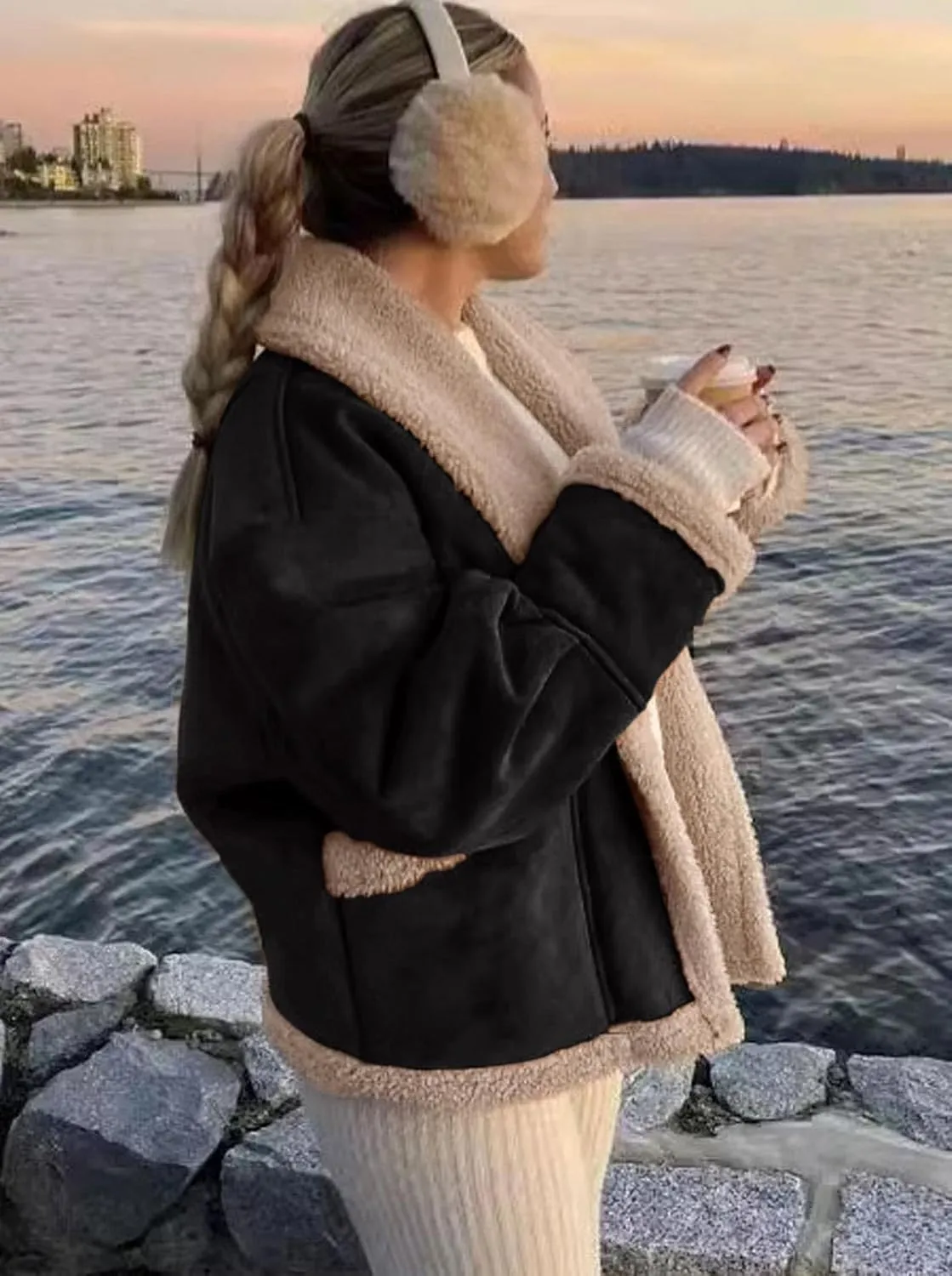 loveimgs Women Oversized Sherpa Lined Leather Jacket Faux Suede Fleece Shearling Coat Winter Biker Aviator Jacket Overcoat