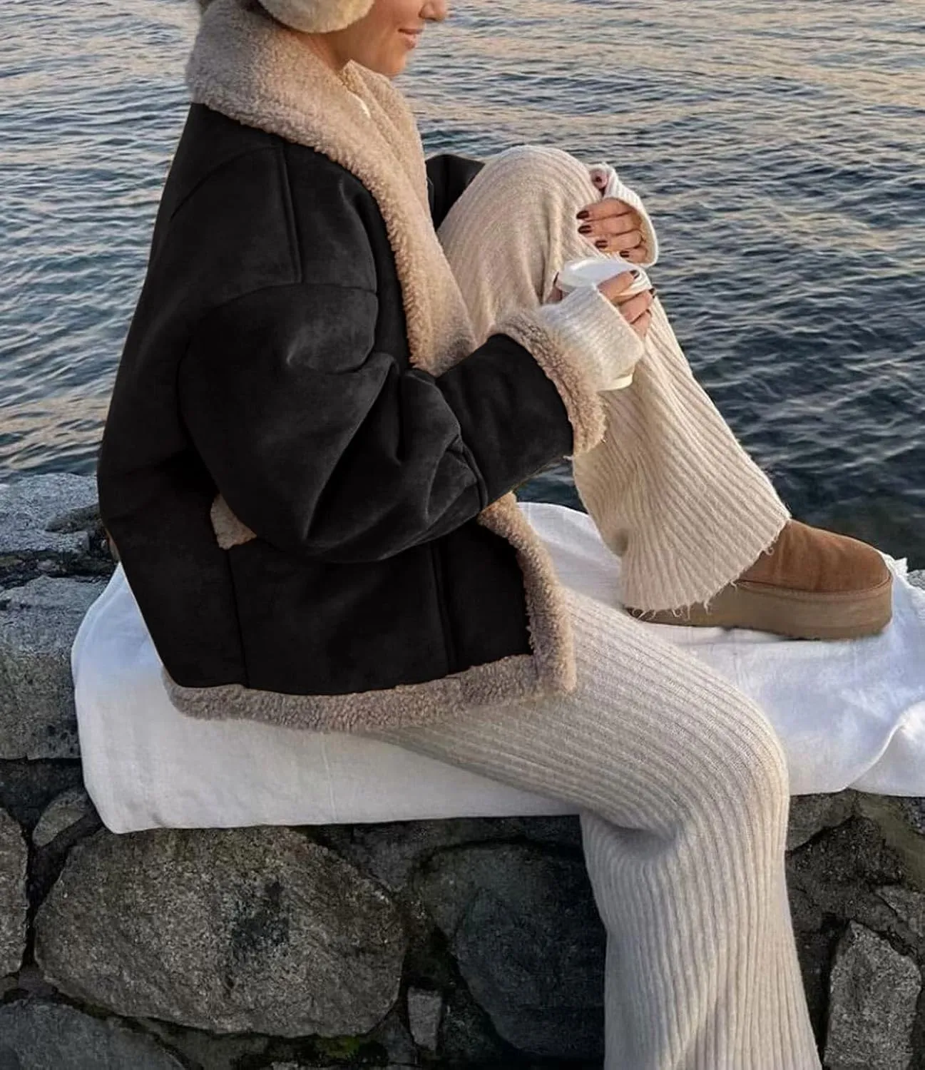loveimgs Women Oversized Sherpa Lined Leather Jacket Faux Suede Fleece Shearling Coat Winter Biker Aviator Jacket Overcoat