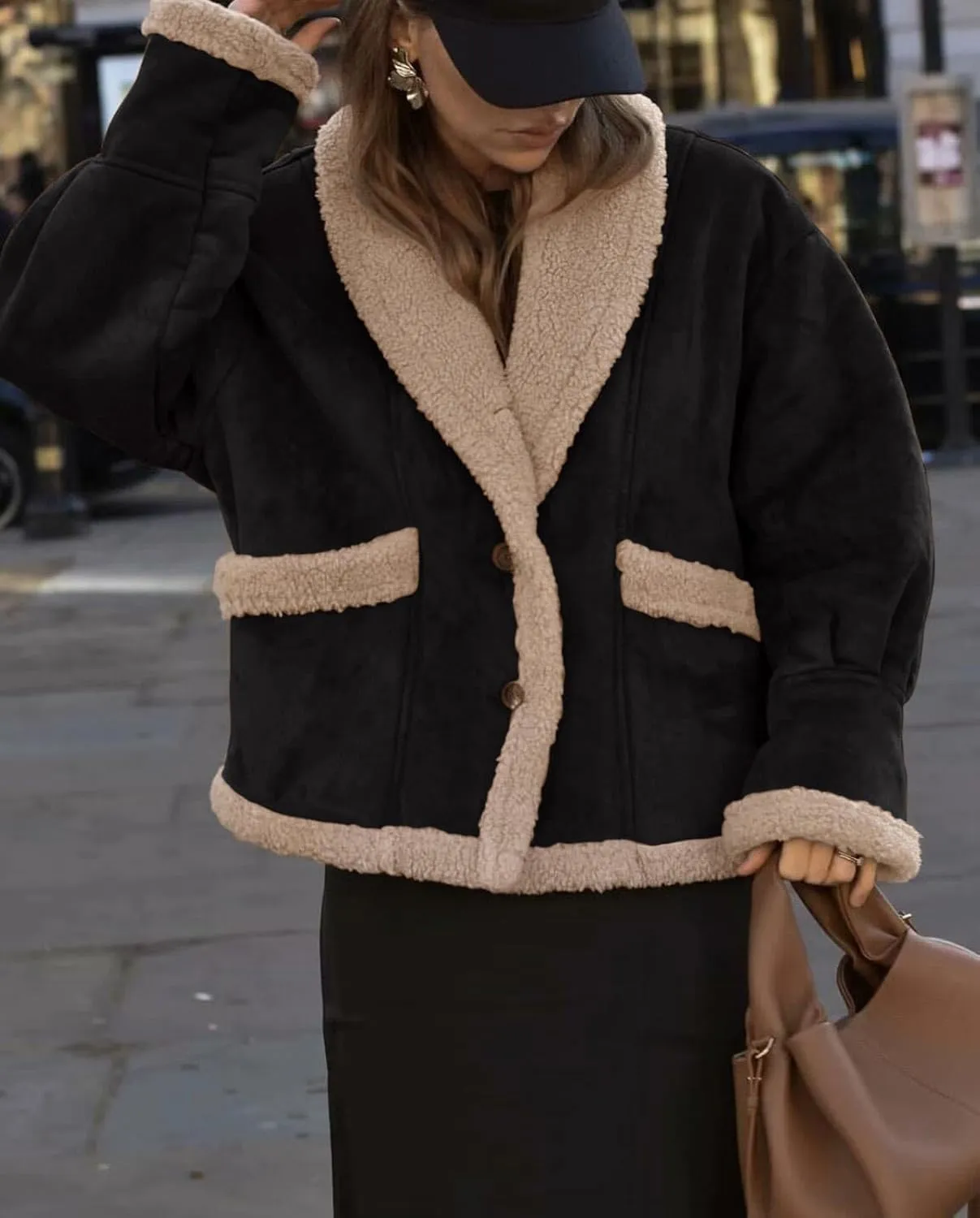 loveimgs Women Oversized Sherpa Lined Leather Jacket Faux Suede Fleece Shearling Coat Winter Biker Aviator Jacket Overcoat