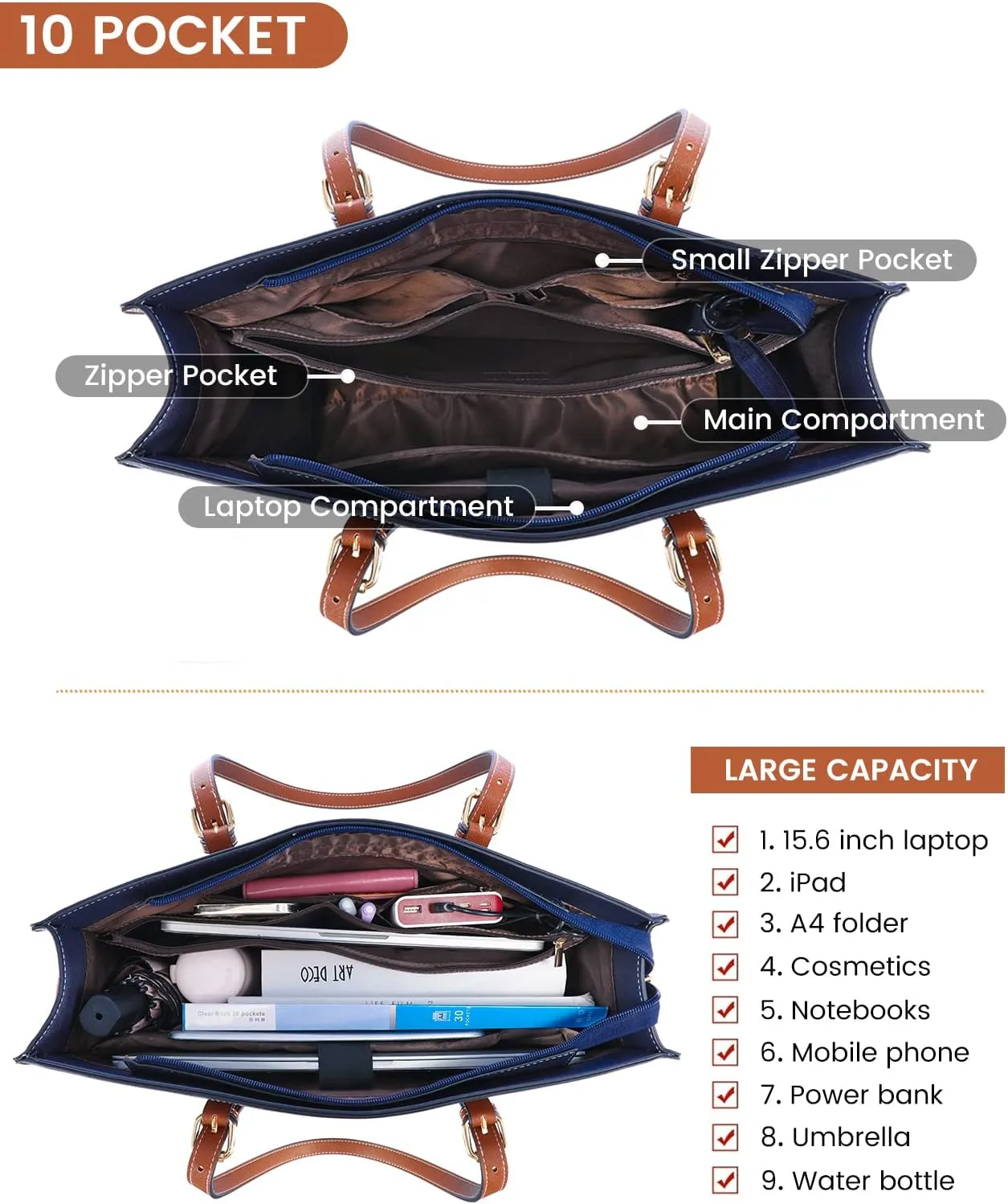 LOVEVOOK 15.6 Inch Laptop Bag for women, Large Waterproof PU Leather Work Briefcase with USB Charging Port Casual Computer Shoulder Bag Messenger, Fashion Business Office Tote Handbag Purse