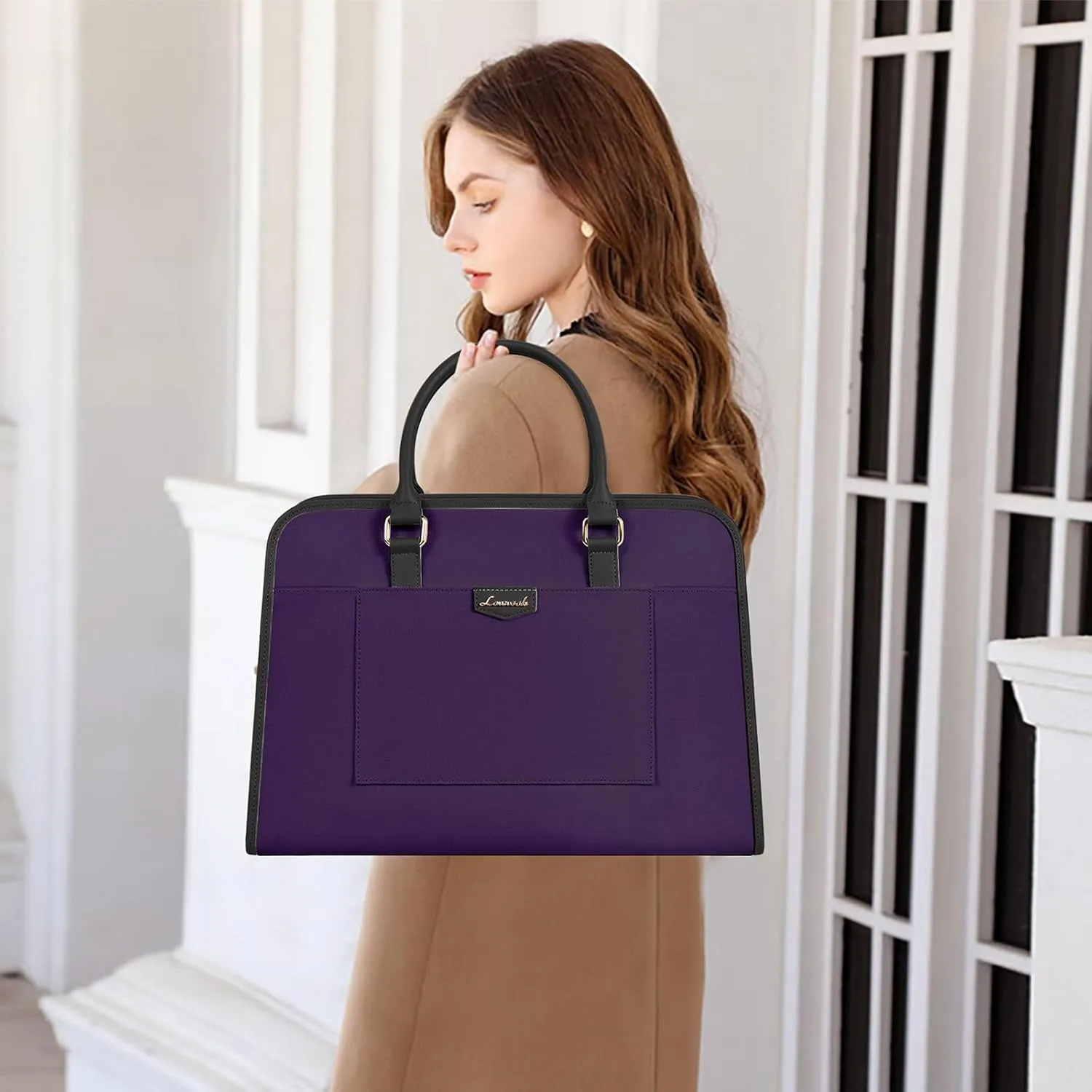 LOVEVOOK Laptop Bag for Women Canvas Laptop Tote Bag Large Capacity Work Bags Computer Bag Briefcase Lightweight Handbag Shoulder Bag for Office College Casual 15.6 Inch, Black & Purple