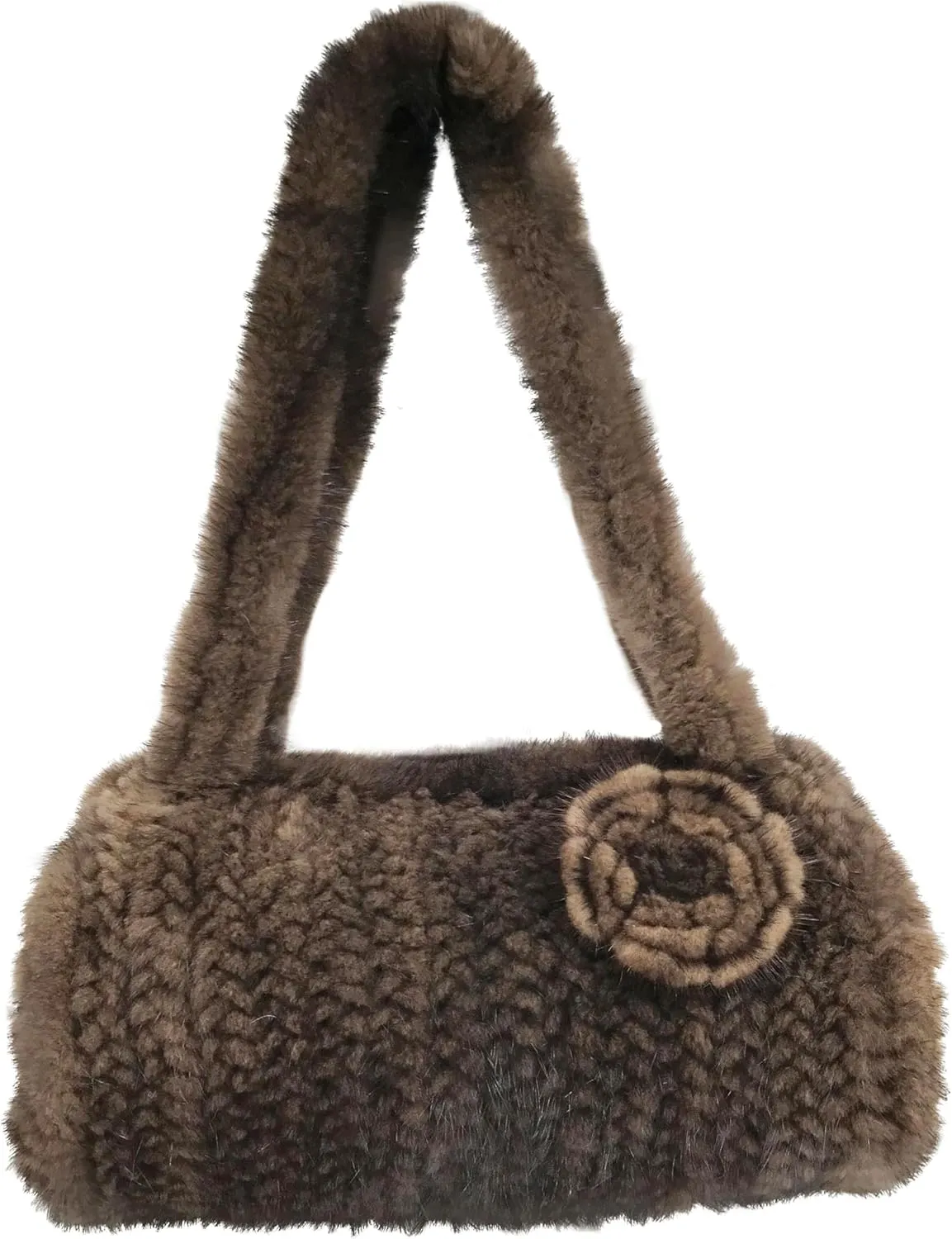 LVCOMEFF Women Natural Kintted Mink Fur Handbag with Flower Cylindrical Luxurious