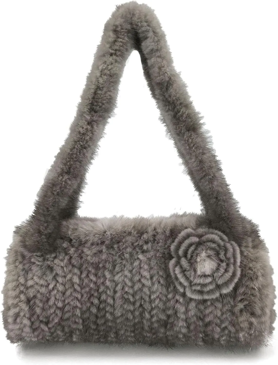 LVCOMEFF Women Natural Kintted Mink Fur Handbag with Flower Cylindrical Luxurious