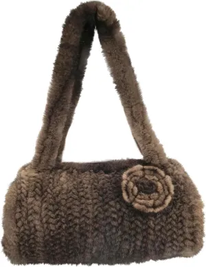 LVCOMEFF Women Natural Kintted Mink Fur Handbag with Flower Cylindrical Luxurious