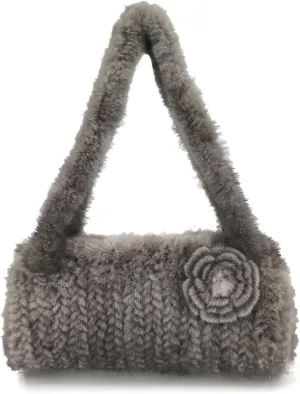 LVCOMEFF Women Natural Kintted Mink Fur Handbag with Flower Cylindrical Luxurious