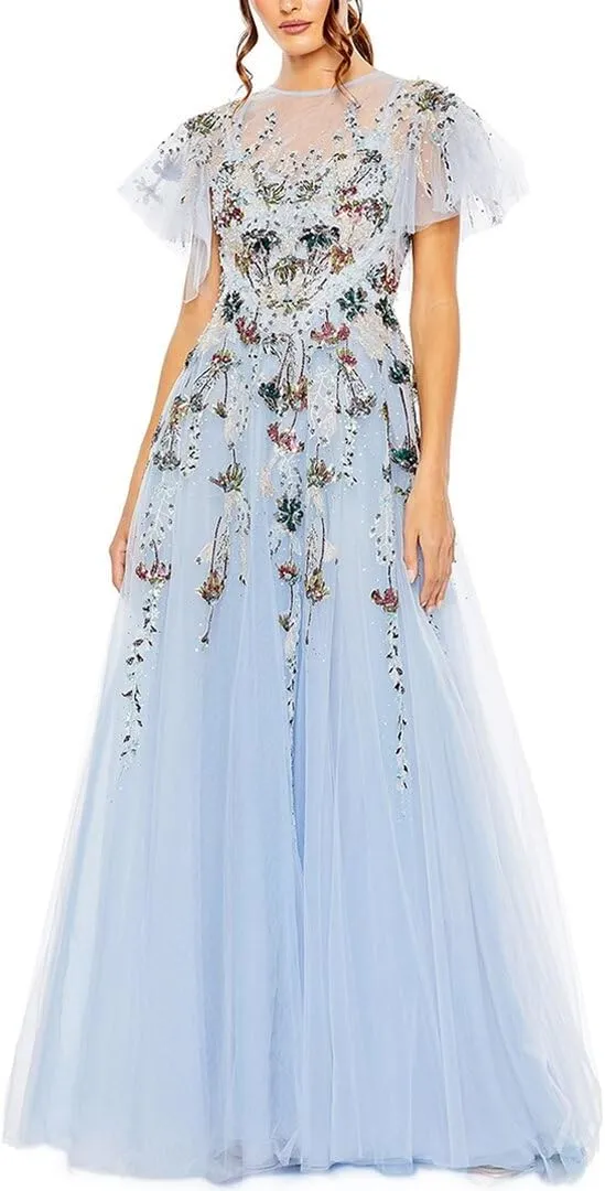 Mac Duggal Womens Embellished Mesh Evening Dress