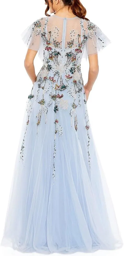 Mac Duggal Womens Embellished Mesh Evening Dress