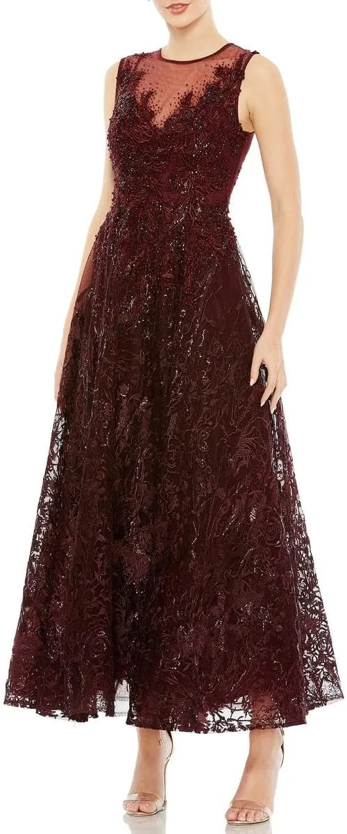 Mac Duggal Womens Embellished Mesh Evening Dress