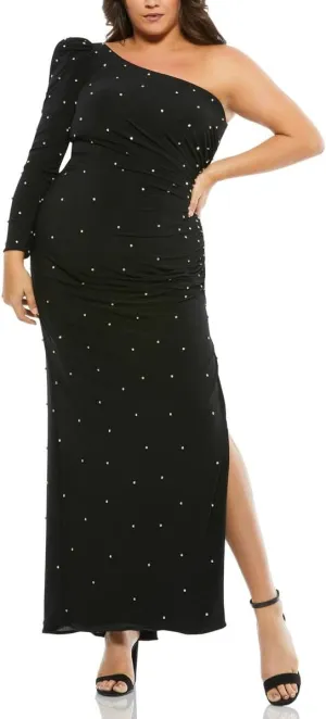 Mac Duggal Womens Plus One Shoulder Embellished Evening Dress