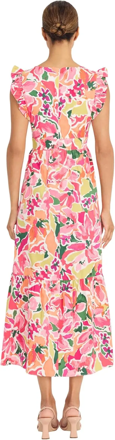 Maggy London Women's Ruffle V-Neck Tiered Midi Pockets-Lightweight Summer Fit and Flare Wedding Guest Dress