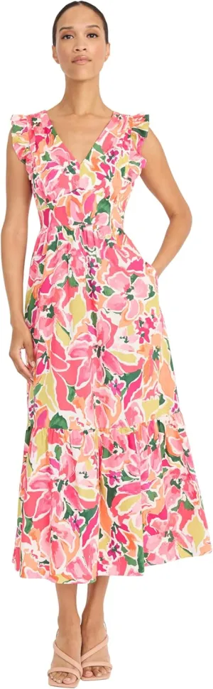Maggy London Women's Ruffle V-Neck Tiered Midi Pockets-Lightweight Summer Fit and Flare Wedding Guest Dress