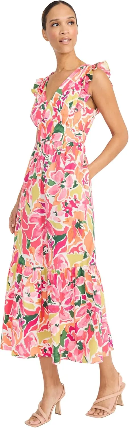 Maggy London Women's Ruffle V-Neck Tiered Midi Pockets-Lightweight Summer Fit and Flare Wedding Guest Dress