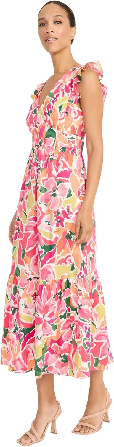 Maggy London Women's Ruffle V-Neck Tiered Midi Pockets-Lightweight Summer Fit and Flare Wedding Guest Dress