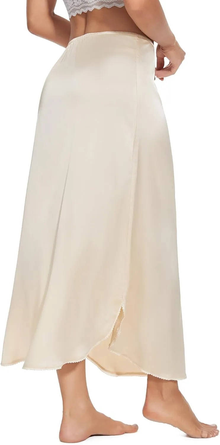 MANCYFIT Long Half Slip for Women Under Dress Satin Slip Skirt Extenders 36" Maxi Underskirt