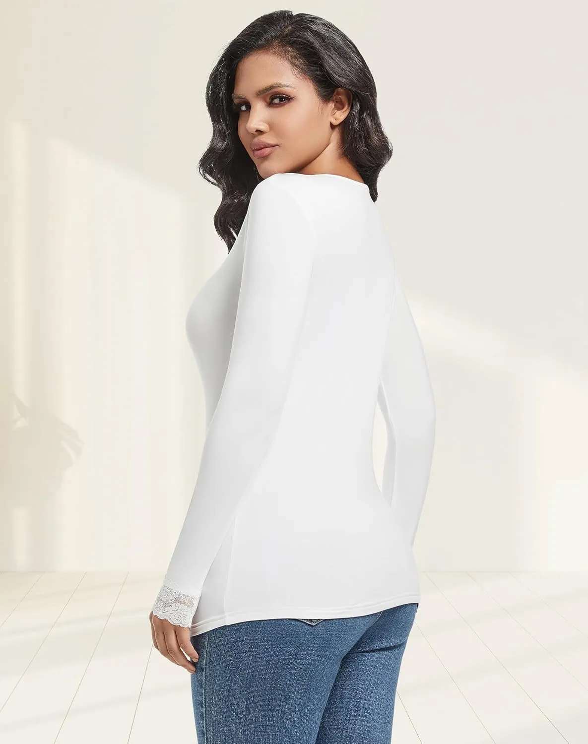 MANCYFIT Thermal Underwear for Women Long Sleeve Undershirt Lace V Neck Shirts Fleece Lined Tops Cold Weather