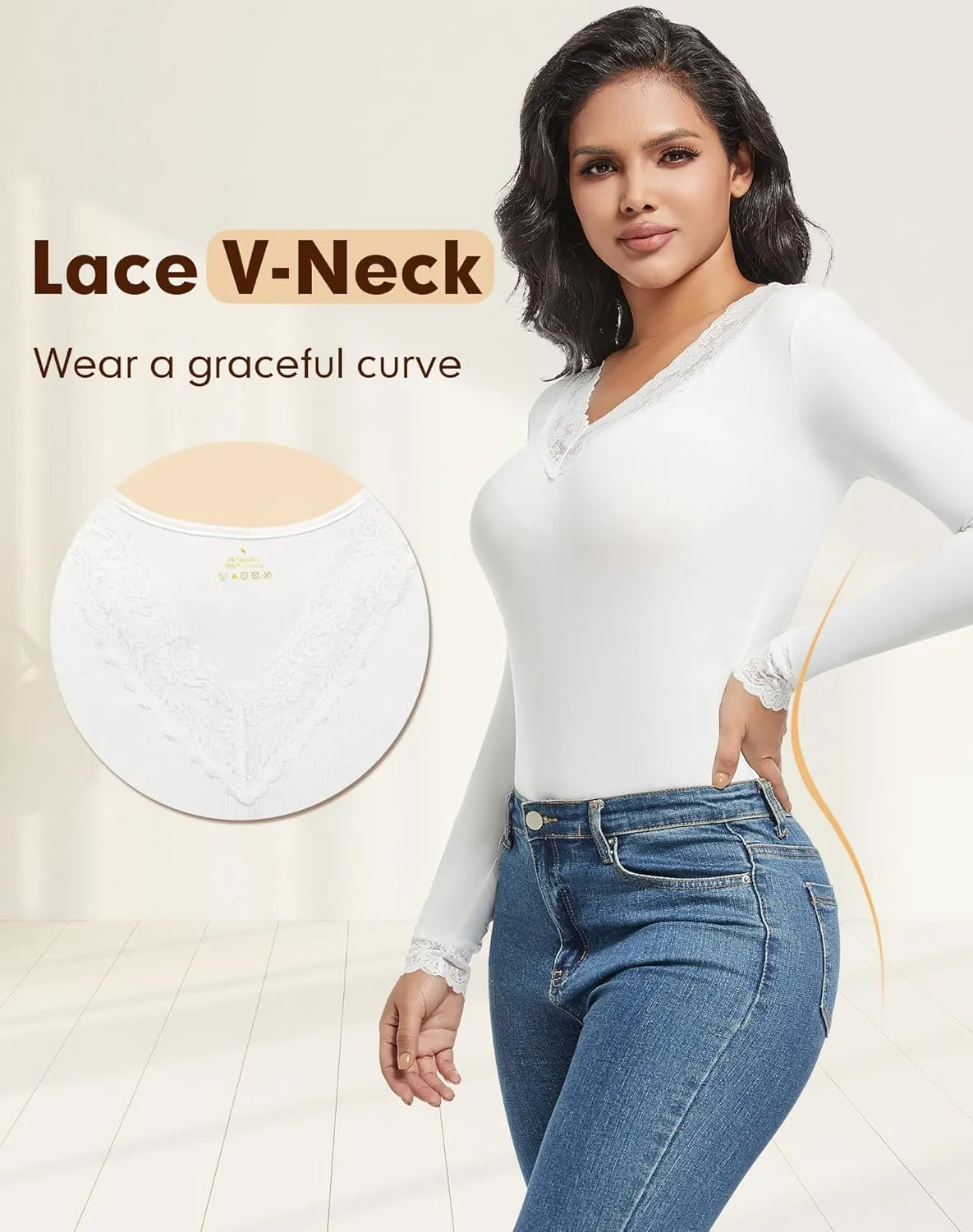 MANCYFIT Thermal Underwear for Women Long Sleeve Undershirt Lace V Neck Shirts Fleece Lined Tops Cold Weather