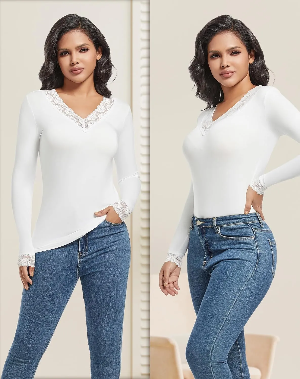 MANCYFIT Thermal Underwear for Women Long Sleeve Undershirt Lace V Neck Shirts Fleece Lined Tops Cold Weather