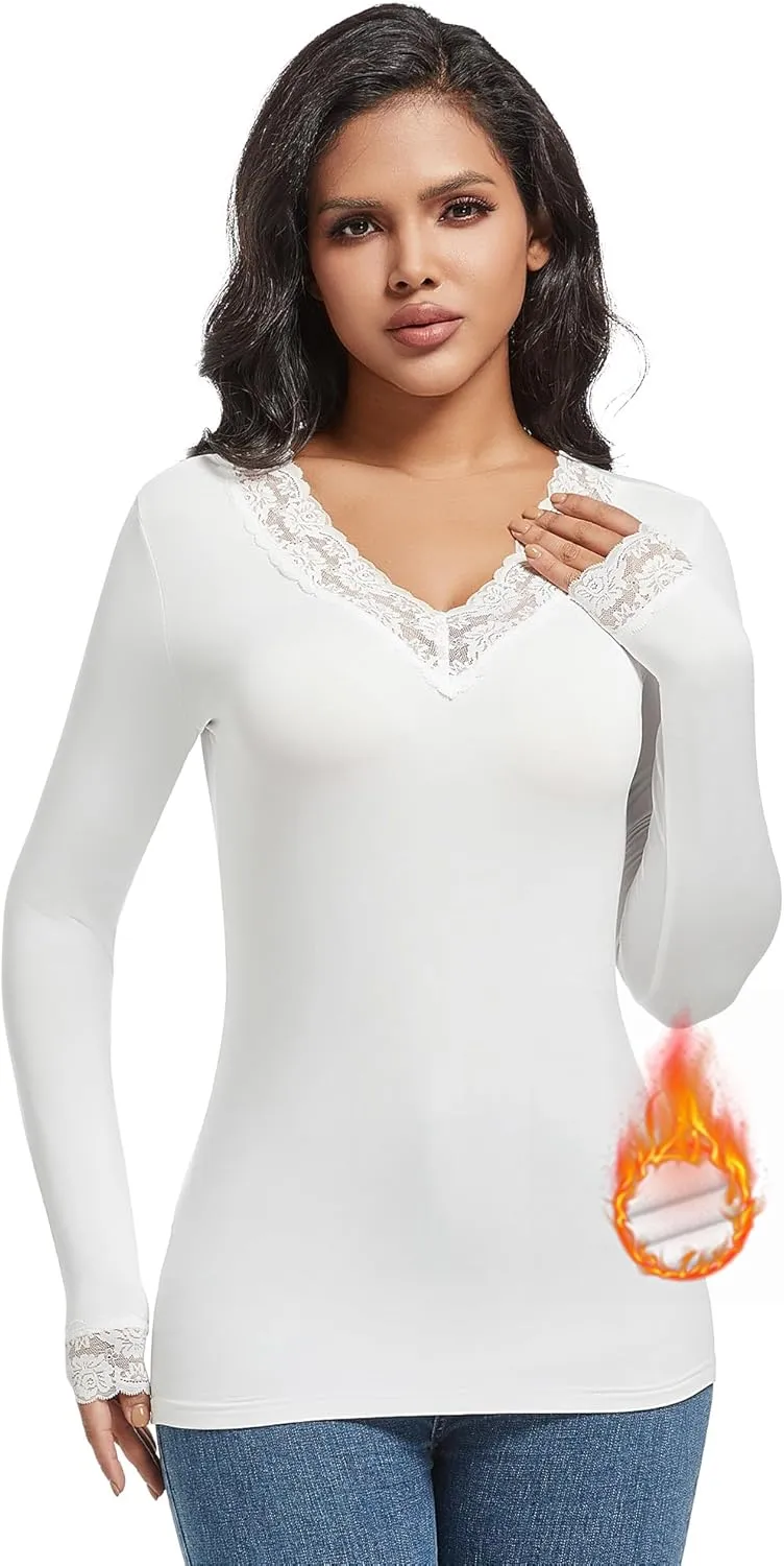 MANCYFIT Thermal Underwear for Women Long Sleeve Undershirt Lace V Neck Shirts Fleece Lined Tops Cold Weather