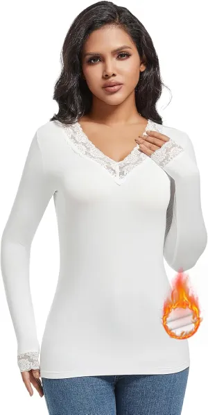 MANCYFIT Thermal Underwear for Women Long Sleeve Undershirt Lace V Neck Shirts Fleece Lined Tops Cold Weather