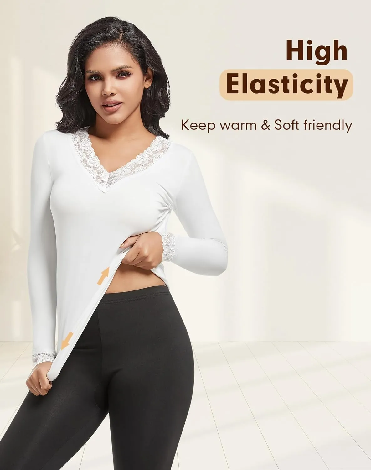 MANCYFIT Thermal Underwear for Women Long Sleeve Undershirt Lace V Neck Shirts Fleece Lined Tops Cold Weather