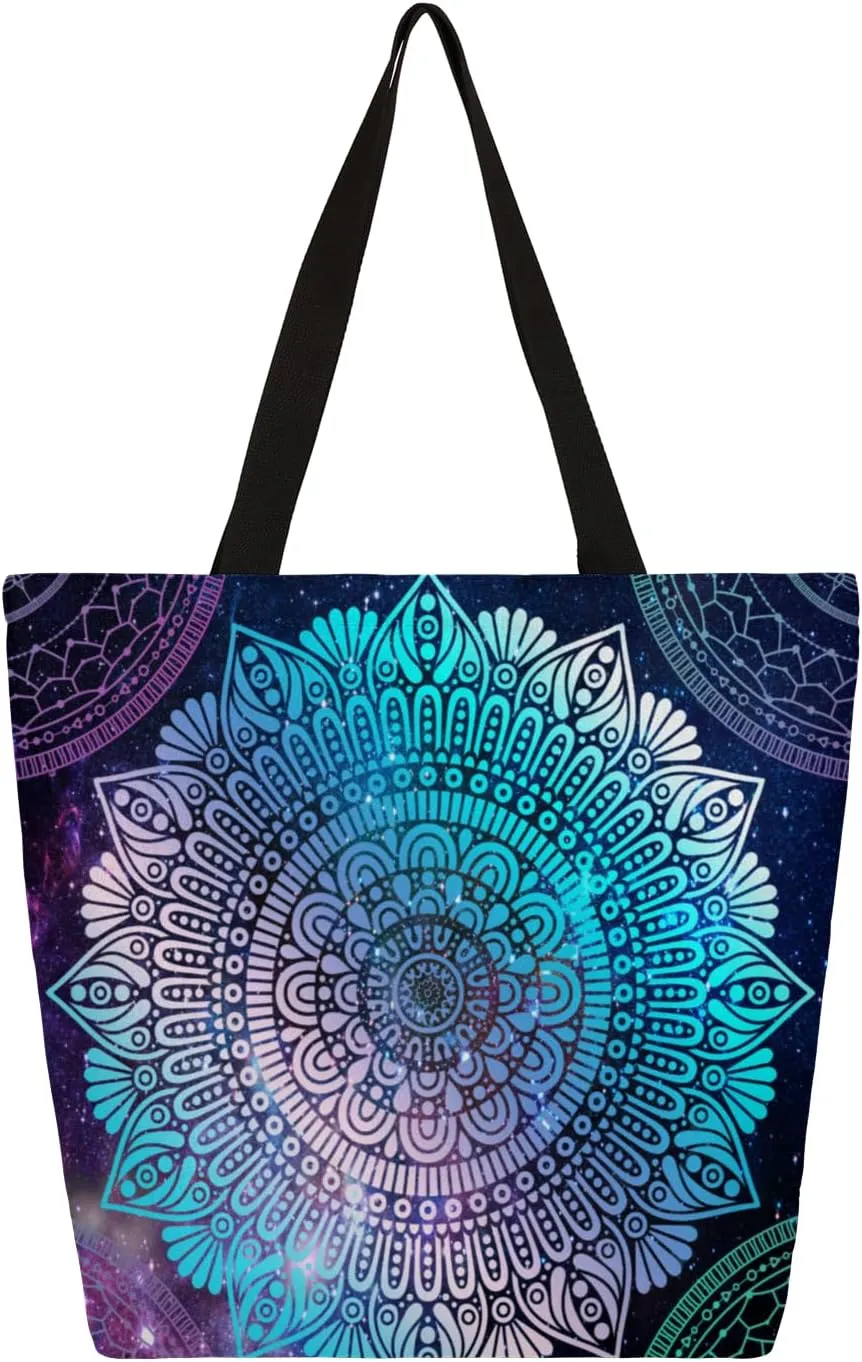 Mandalas Large Capacity Canvas Tote Bag Stylish Handheld Shoulder Bag Reusable Shopping Bag for Work Travel Beach Trips Shopping