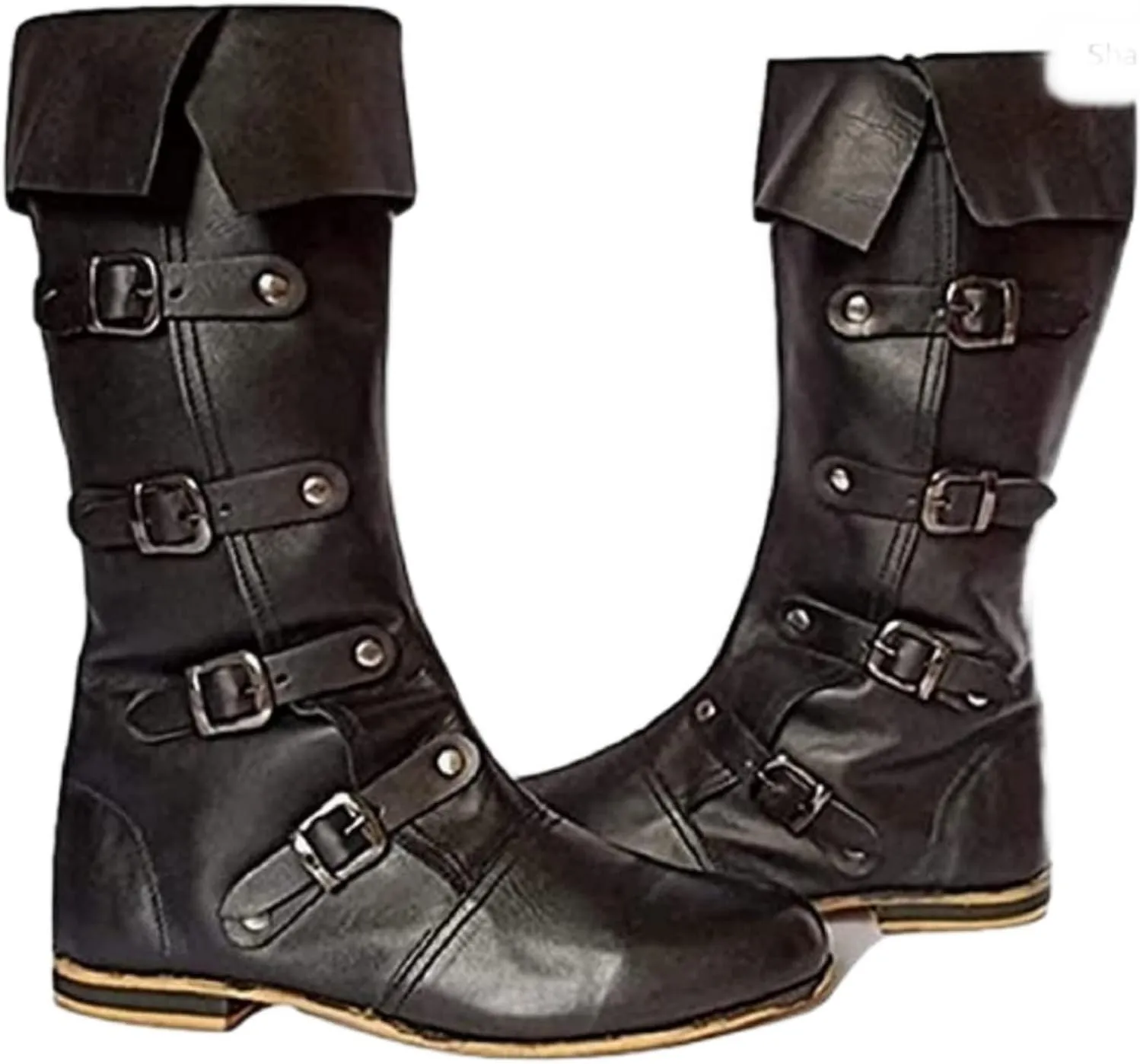Medieval Black Leather Boots With 4 Buckles Viking Loafar Boots For SCA Larp Renaissance Pirate Costume Boots For Mans