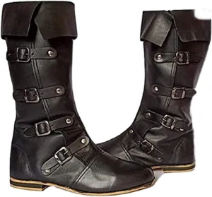 Medieval Black Leather Boots With 4 Buckles Viking Loafar Boots For SCA Larp Renaissance Pirate Costume Boots For Mans