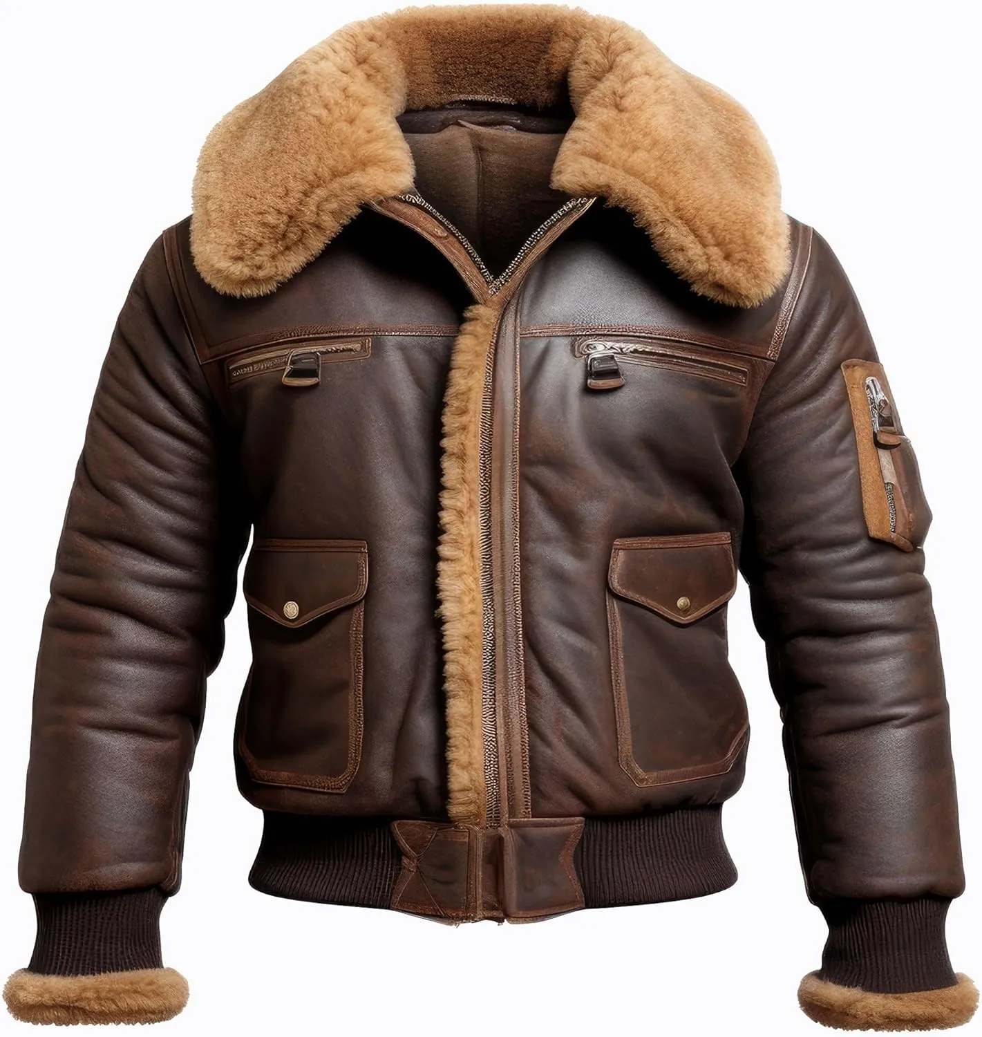 Men Aviator Lapel Fur Casual Bomber Coat Front Pockets Aviation Genuine Leather Jackets, Small