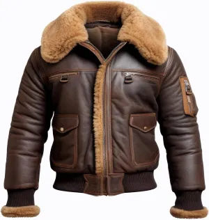 Men Aviator Lapel Fur Casual Bomber Coat Front Pockets Aviation Genuine Leather Jackets, Small