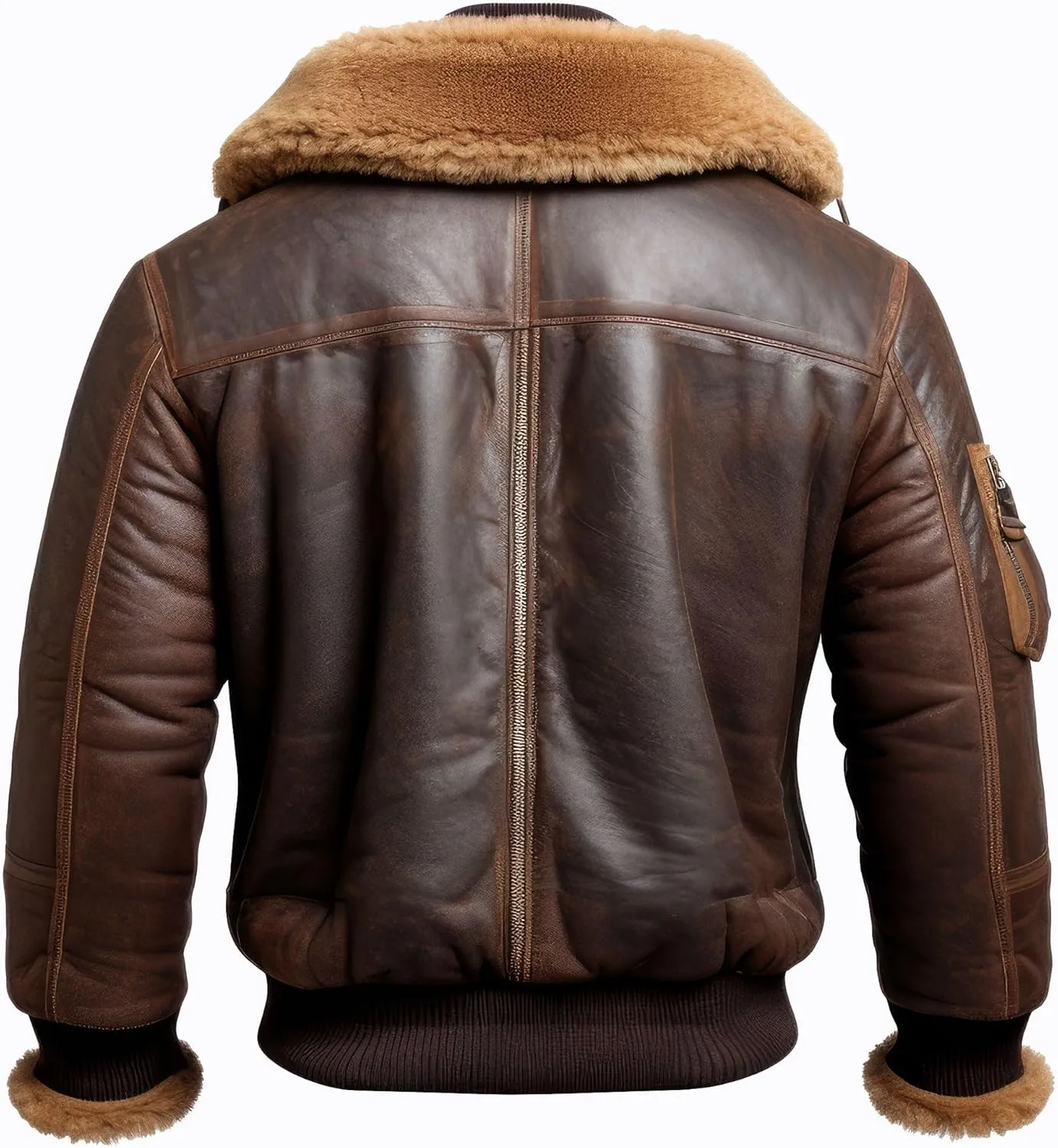 Men Aviator Lapel Fur Casual Bomber Coat Front Pockets Aviation Genuine Leather Jackets, Small