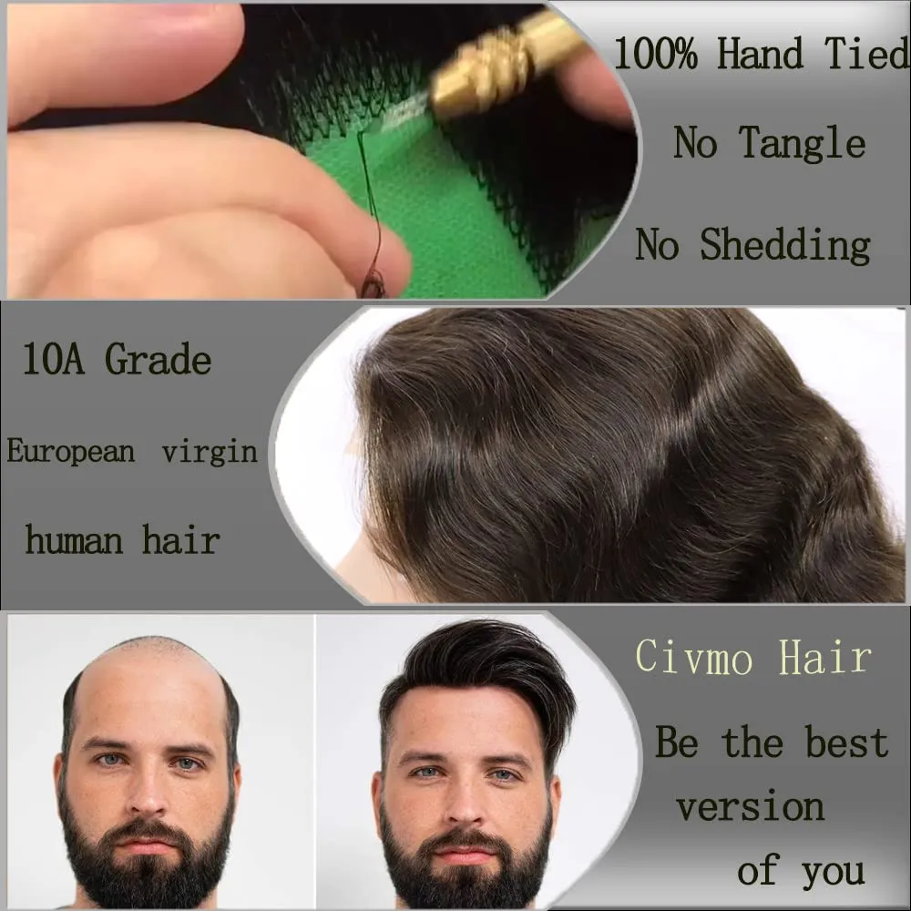 Men toupee Toupee for Men Wigs Hand Tied Swiss Lace Front with Monofilament and Poly Coating Around European Human Hair Replacement Systems Man Hairpiece 10x8 inches (#2 Darkest Brown Color)