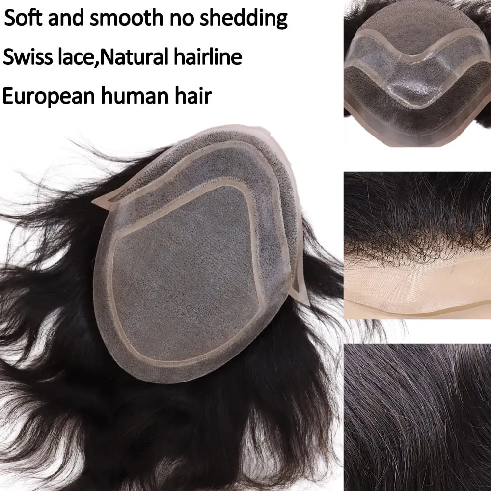 Men toupee Toupee for Men Wigs Hand Tied Swiss Lace Front with Monofilament and Poly Coating Around European Human Hair Replacement Systems Man Hairpiece 10x8 inches (#2 Darkest Brown Color)