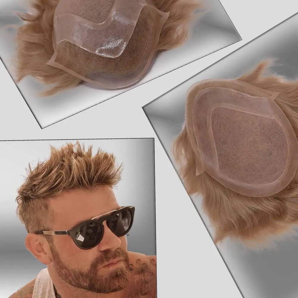 Men toupee Toupee for Men Wigs Hand Tied Swiss Lace Front with Monofilament and Poly Coating Around European Human Hair Replacement Systems Man Hairpiece 10x8 inches (#22 Ash Blonde Color)