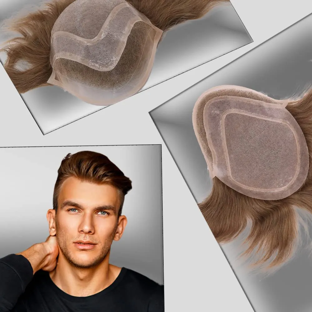 Men toupee Toupee for Men Wigs Hand Tied Swiss Lace Front with Monofilament and Poly Coating Around European Human Hair Replacement Systems Man Hairpiece 10x8 inches(#18 Dark Blonde Brown Color)