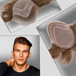Men toupee Toupee for Men Wigs Hand Tied Swiss Lace Front with Monofilament and Poly Coating Around European Human Hair Replacement Systems Man Hairpiece 10x8 inches(#18 Dark Blonde Brown Color)