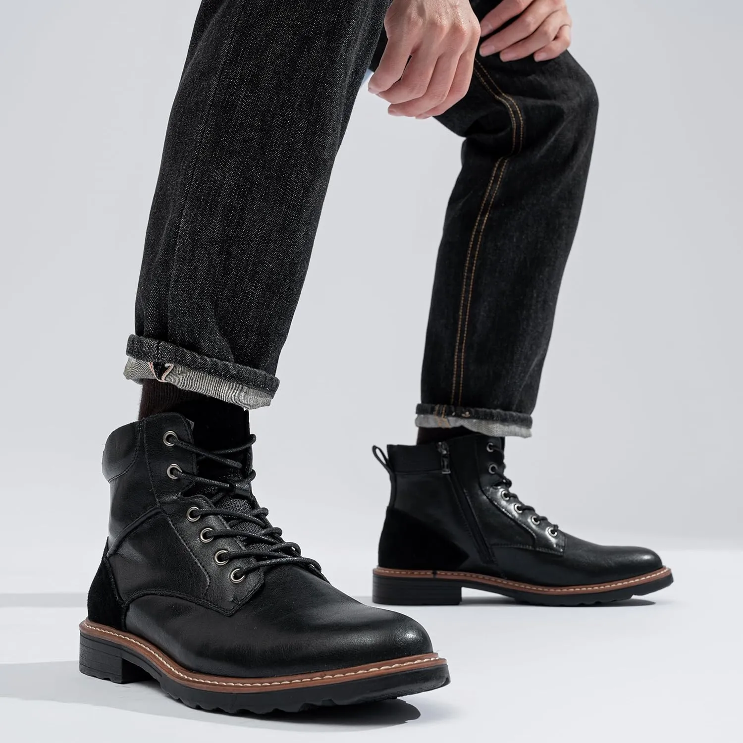 Men's Boots Casual Leather Motorcycle Dress Boots for Men Side Zipper