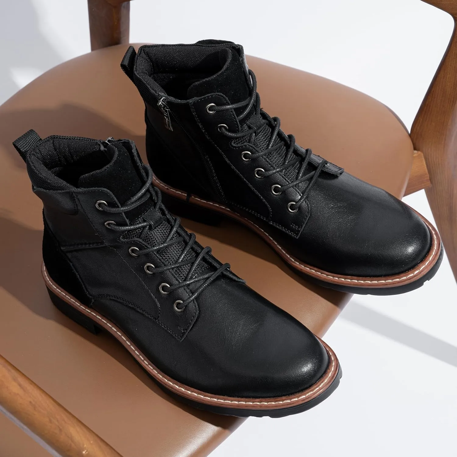 Men's Boots Casual Leather Motorcycle Dress Boots for Men Side Zipper