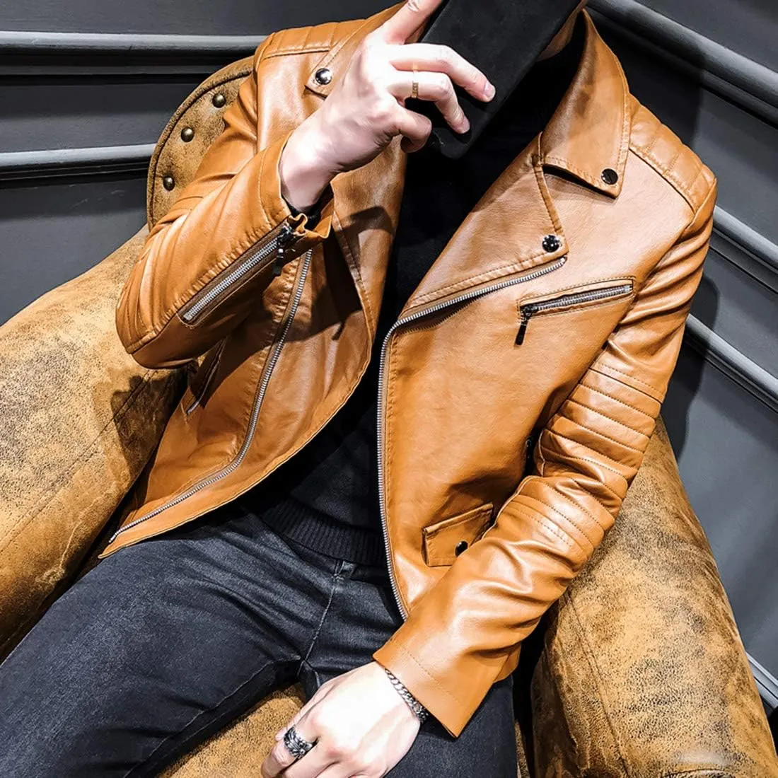 Men`s Casual Slim Fit Rider Trucker PU Faux Leather Jacket