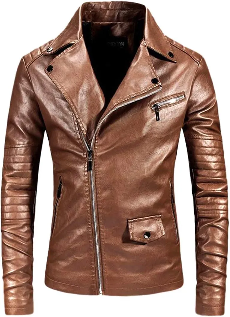 Men`s Casual Slim Fit Rider Trucker PU Faux Leather Jacket