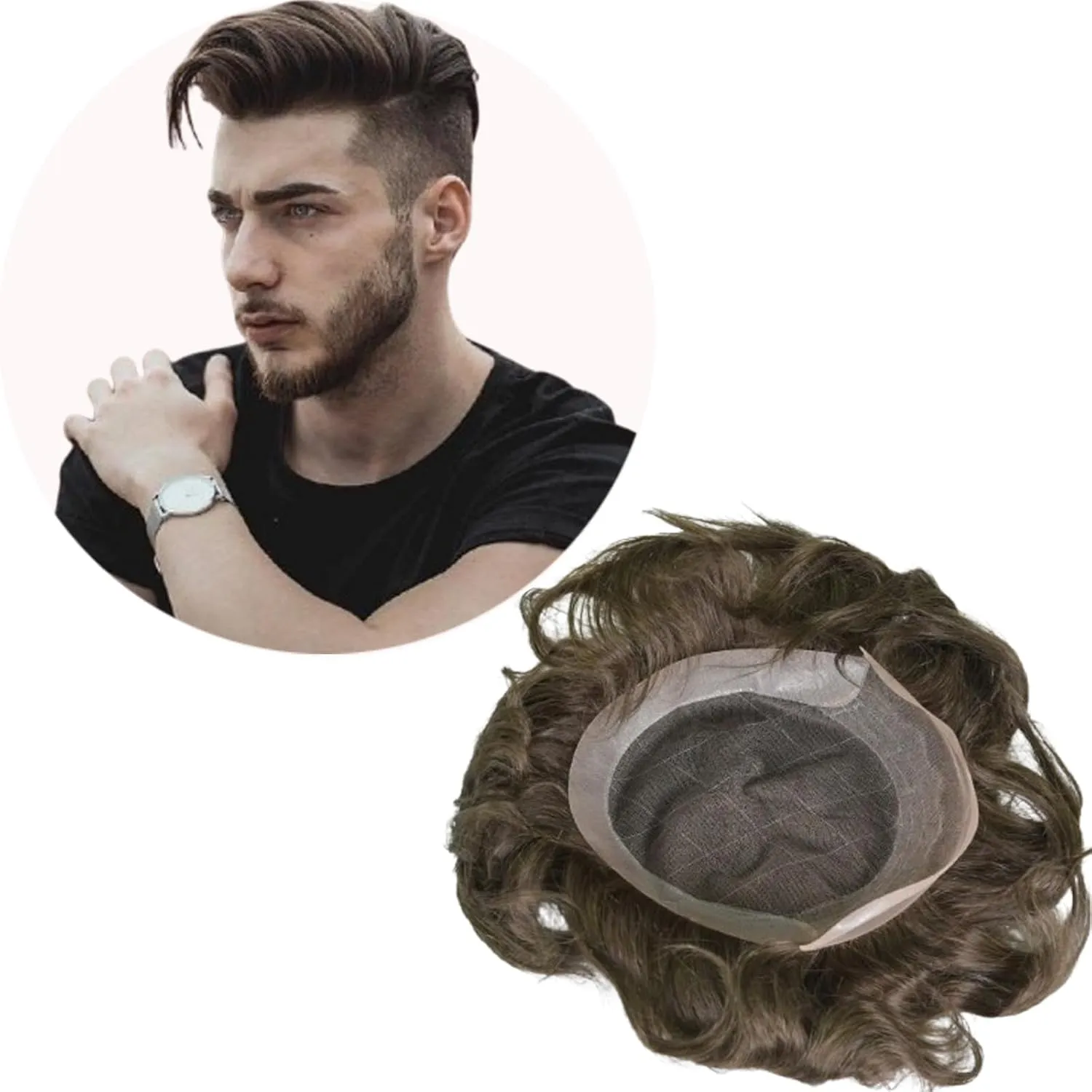 Men’s European Human Hair Toupee 9x7 Inch Swiss Lace with PU Skin Back Natural Hair Replacement System for Thinning Hair Straight Hairpiece (#4 Medium Brown Color, 9x7 INCH)