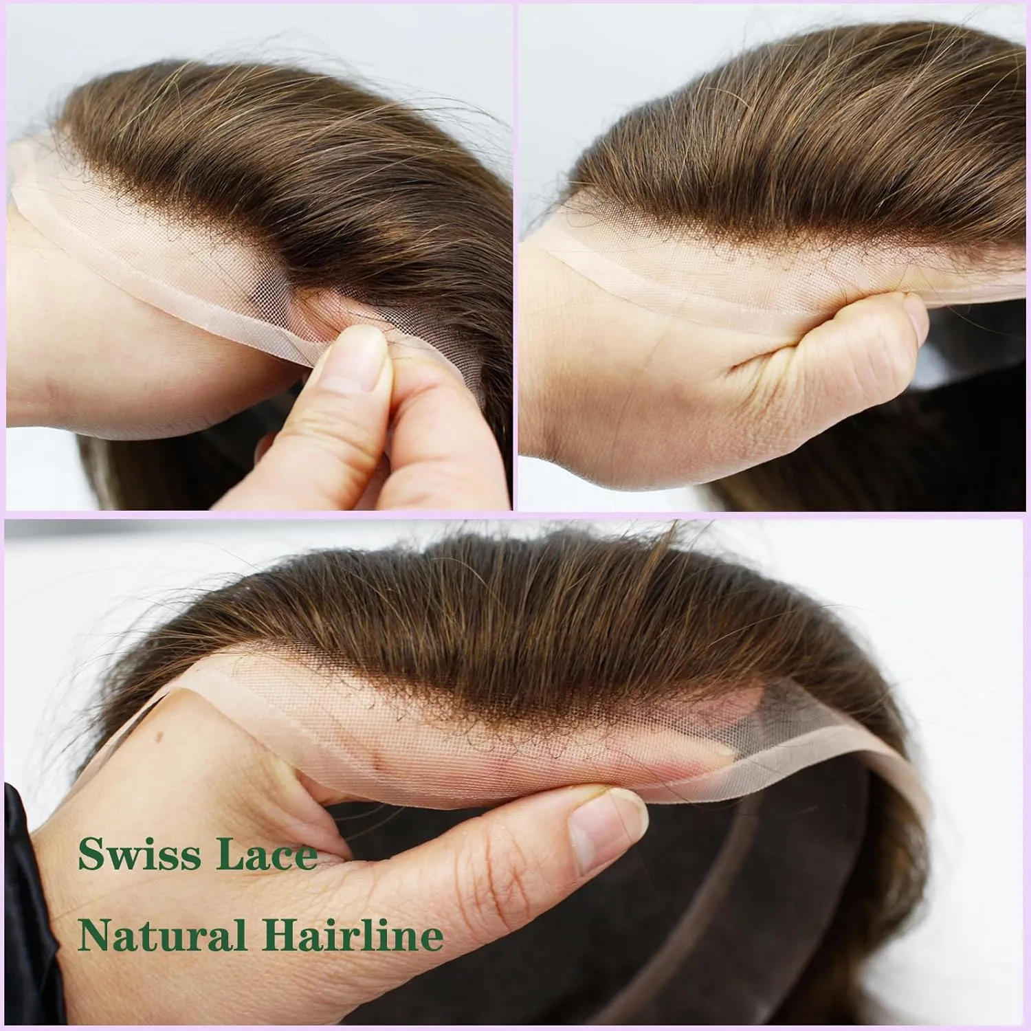 Men’s European Human Hair Toupee 9x7 Inch Swiss Lace with PU Skin Back Natural Hair Replacement System for Thinning Hair Straight Hairpiece (#4 Medium Brown Color, 9x7 INCH)