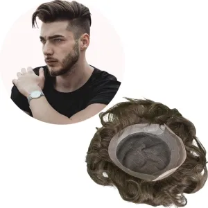 Men’s European Human Hair Toupee 9x7 Inch Swiss Lace with PU Skin Back Natural Hair Replacement System for Thinning Hair Straight Hairpiece (#4 Medium Brown Color, 9x7 INCH)