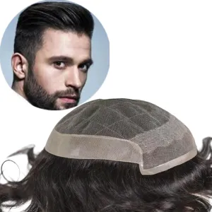 Men’s European Human Hair Toupee 9x7 Inch Swiss Lace with PU Skin Back Natural Hair Replacement System for Thinning Hair Straight Hairpiece (Natural Black Color, 9x7 INCH)